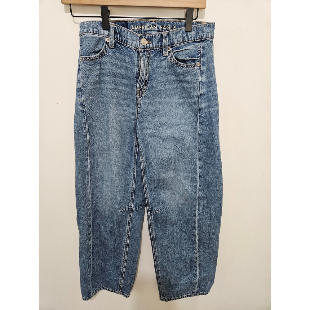 American‎ Eagle Dreamy Drape Barrel Jeans Medium Wash Blue Size 000 Regular